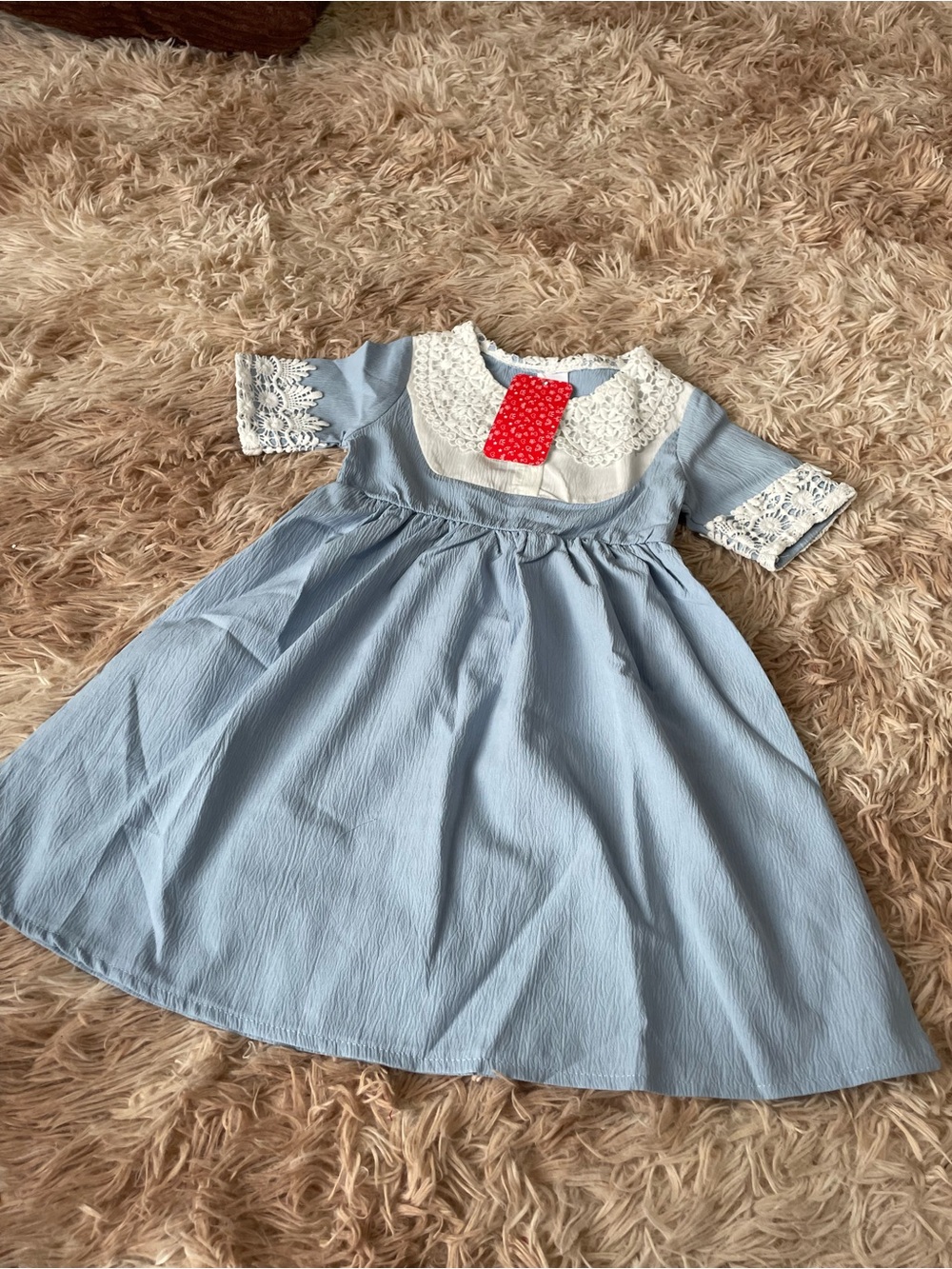 Light Blue Lace-Trim Girls' Dress with White Bib